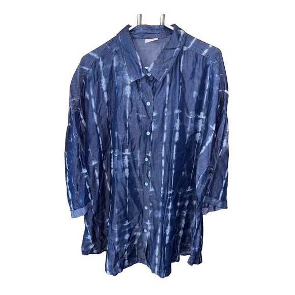 Laurie Felt Women Top 2X Easy Tencel Blue Roll Tab Sleeve Button Up - Picture 2 of 8
